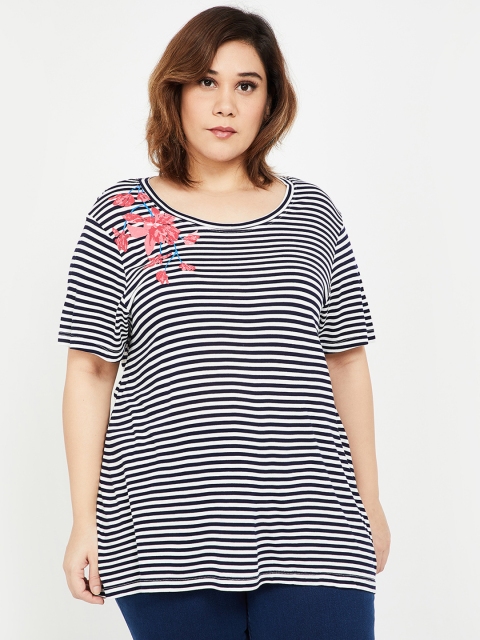 

nexus Plus Size Women Navy Blue White Striped Floral Print Top