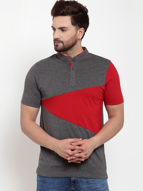 

Kalt Men Grey Colourblocked Mandarin Collar T-shirt