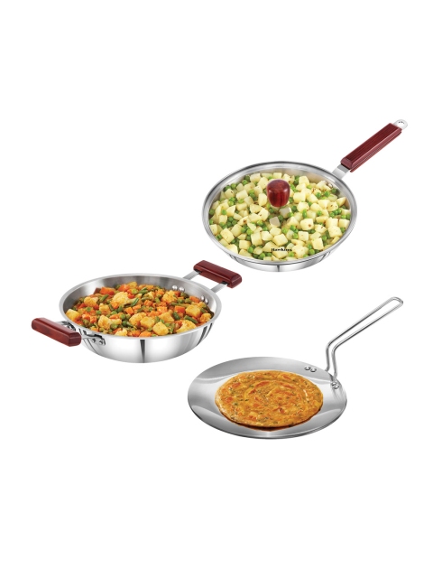 

Hawkins Set of 3 Frying Pan with Lid & Kadhai & Tawa Cooking Set, Silver