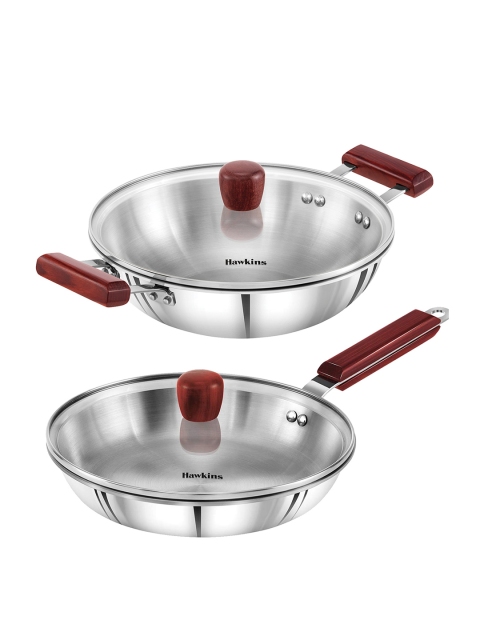 

Hawkins Silver-Toned & Red Triply 3mm Extra-Thick Stainless Steel Frying Pan & Kadhai With Lid