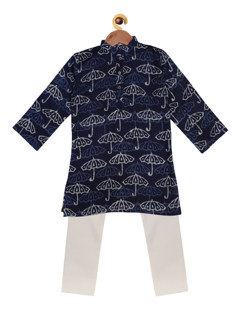 

SOULFULLY INDIAN Boys Navy Blue & White Self Design Kurta with Pyjamas