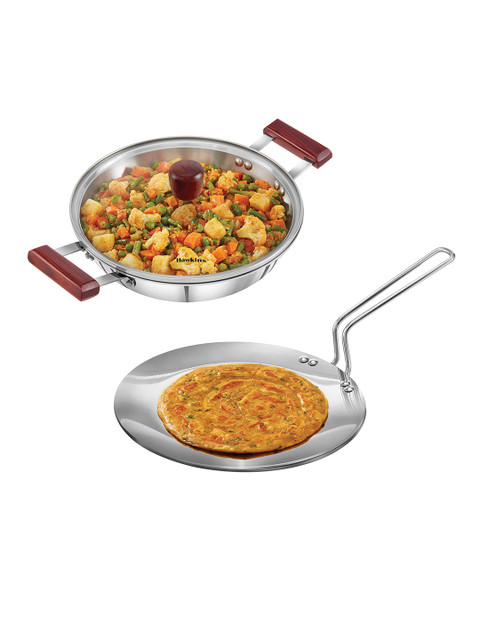 

Hawkins Unisex Silver-Toned & Red Tri-ply Stainless Steel 3.5 mm Tawa and Kadhai With Lid