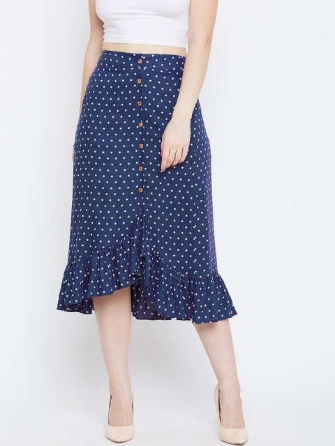 

Femella Women Blue & White Polka Dots Print Ruffle A-Line Midi Skirt