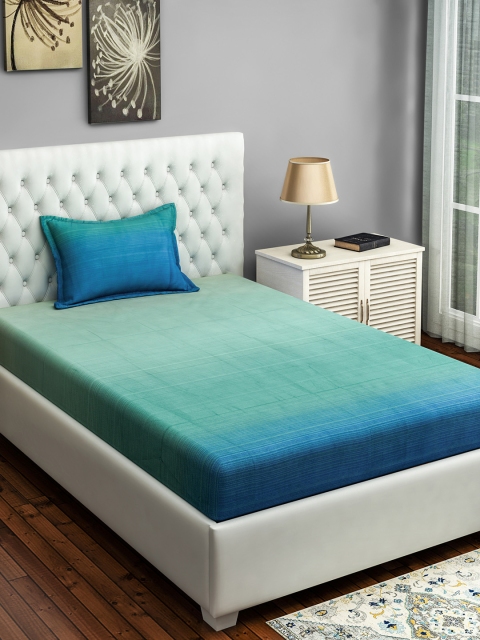 

SWAYAM Blue & Green Solid 300 TC Cotton 1 Single Bedsheet with 1 Pillow Covers