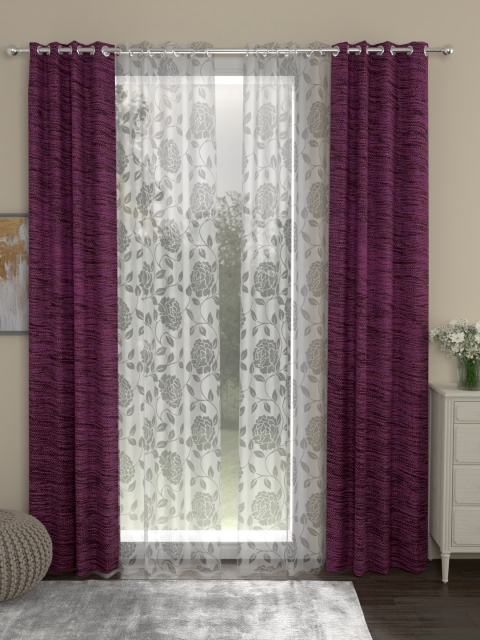 

ROSARA HOME Magenta & White Set of 4 Door Curtains