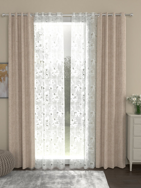 

ROSARA HOME Beige & White Set of 4 Door Curtains