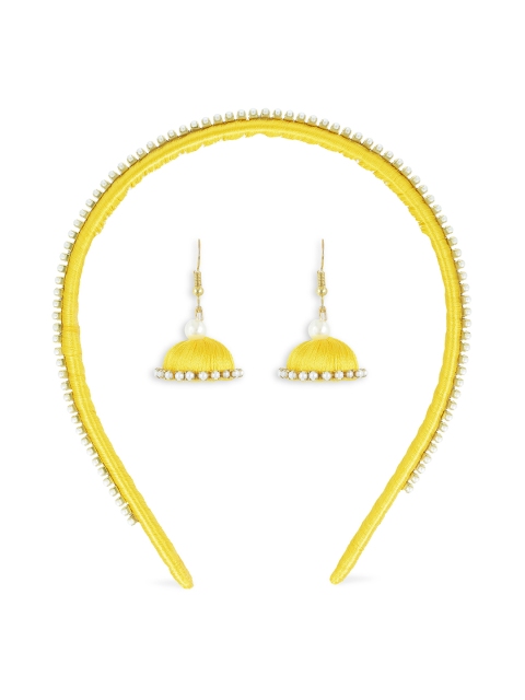 

AKSHARA Set of Yellow & Gold-Toned Dome Shaped Handcrafted Jhumkas With Hairband