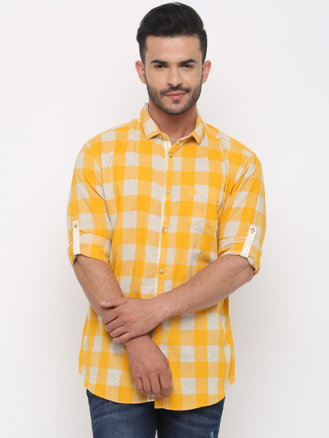 

WITH Men Yellow Slim Fit Checked Casual Shirt