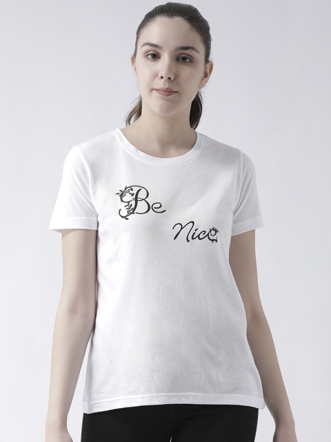 

Club York Women White Printed Round Neck T-shirt