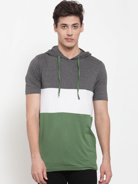 

Kalt Men Green & Grey Colourblocked Hooded T-shirt