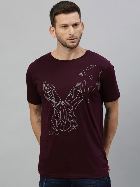 

RARE RABBIT Men Maroon Printed Round Neck T-shirt