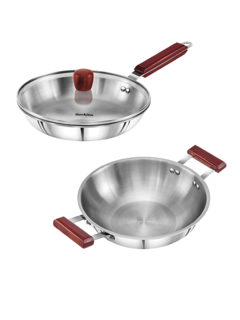 

Hawkins Silver-Toned & Brown Triply 3mm Stainless Steel Pan With Kadai & Tawa