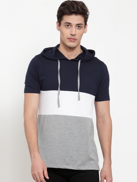Kalt Men Grey & Navy Blue Colourblocked Hood T-shirt