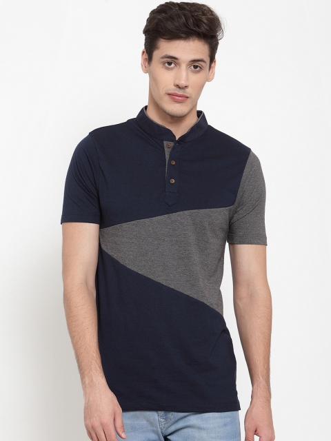 

Kalt Men Navy Blue & Grey Colourblocked Mandarin Collar T-shirt