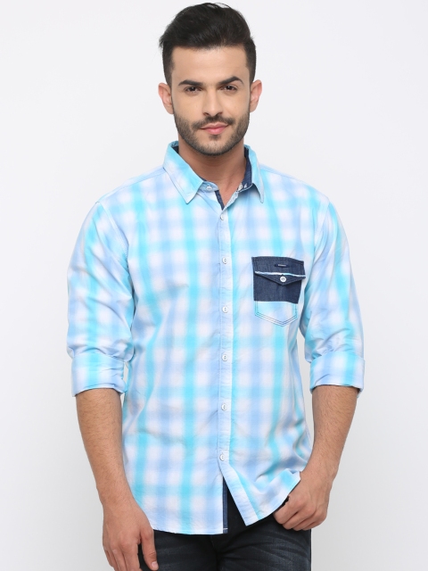 

WITH Men Blue & White Slim Fit Checked Casual Shirt