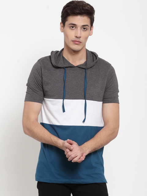

Kalt Men Teal Blue & Grey Melange Colourblocked Hood T-shirt