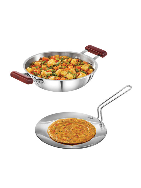 

Hawkins Silver-Toned & Brown Triply 3.5mm Stainless Steel Kadai With Tawa