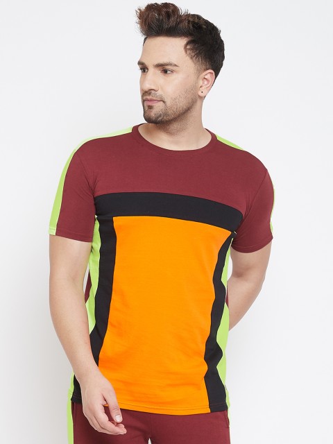 

FUGAZEE Men Maroon & Mustard Yellow Colourblocked Round Neck T-shirt