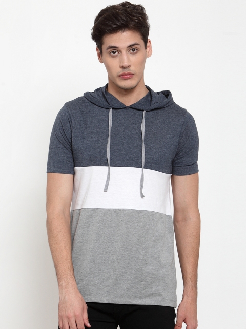 

Kalt Men Grey Melange White Colourblocked Hood Pure Cotton T-shirt