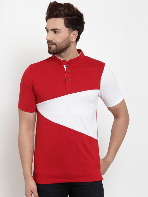 

Kalt Men Red & White Colourblocked Mandarin Collar T-shirt