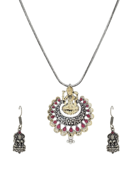 

Silvermerc Designs Oxidised German Silver-Plated Gold-Toned & Red Stone-Studded Handcrafted Jewellery Set