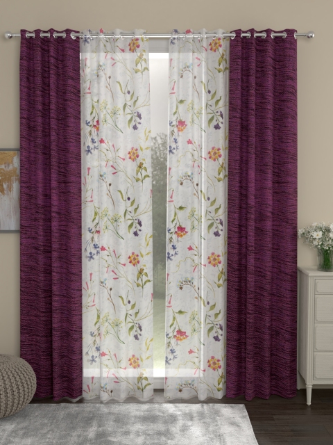 

ROSARA HOME Purple & White Set of 4 Door Curtains