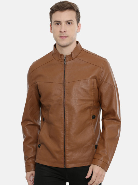 

SHOWOFF Men Tan Brown Solid Water Resistant Leather Jacket