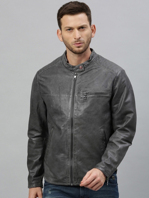 RARE RABBIT Men Grey Solid Insulator Leather Jacket