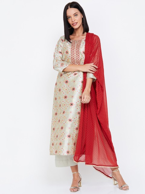 

Melange by Lifestyle Women Grey & Off-White Printed Kurta with Palazzos & Dupatta