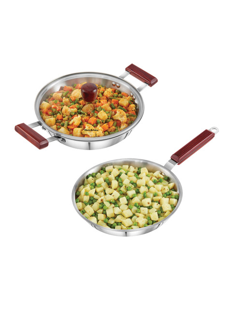 

Hawkins Silver-Toned & Red Triply 3mm Stainless Steel Kadhai With Lid & Frying Pan