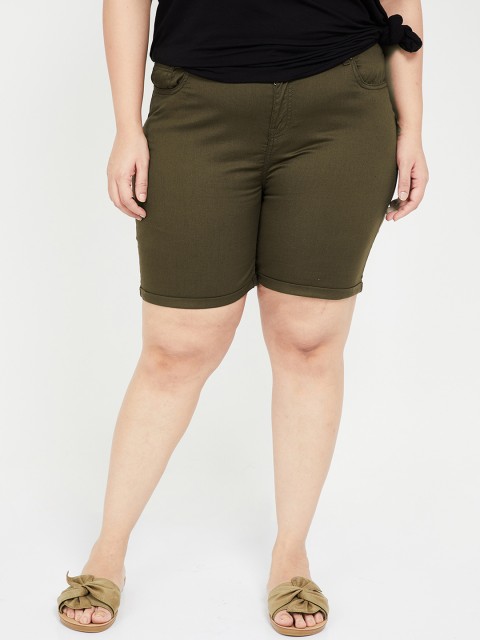 

nexus Plus Size Women Olive Green Solid Regular Fit Regular Shorts