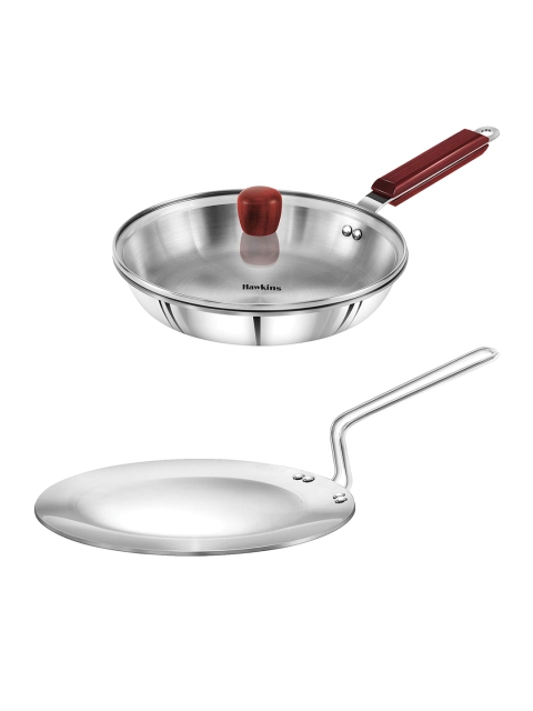 

Hawkins Silver-Toned & Brown Stainless Steel 3mm Tawa & Frying Pan With Lid