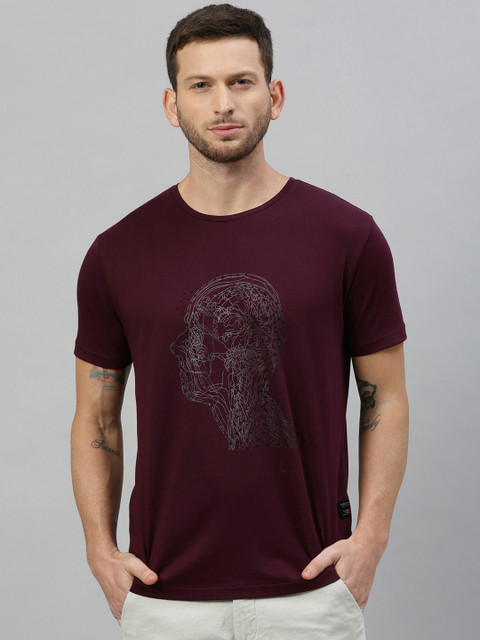 

RARE RABBIT Men Maroon Printed Round Neck T-shirt