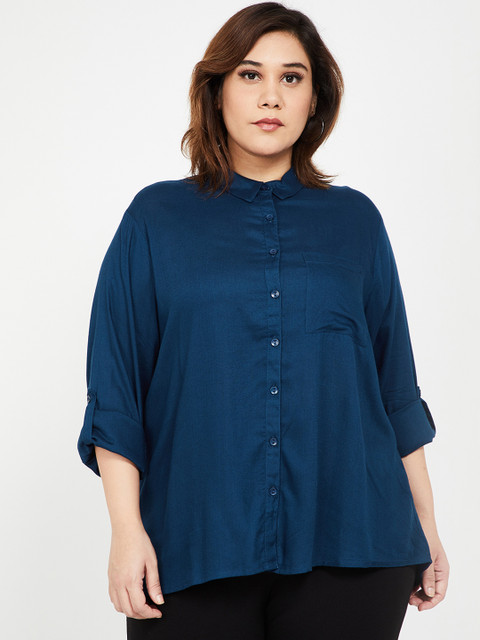 

nexus Plus Size Women Navy Blue Solid Shirt Style Top