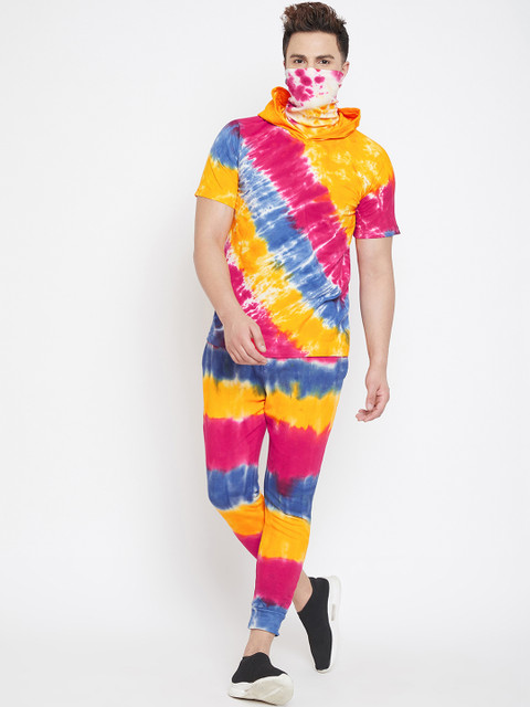 

FUGAZEE Men Yellow & Pink Tie & Dye Printed Slim-Fit Tracksuit