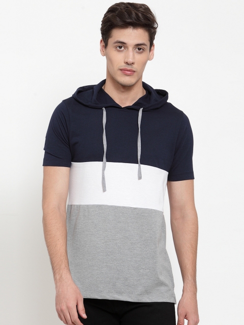 

Kalt Men Grey & Navy Blue Colourblocked Hood T-shirt