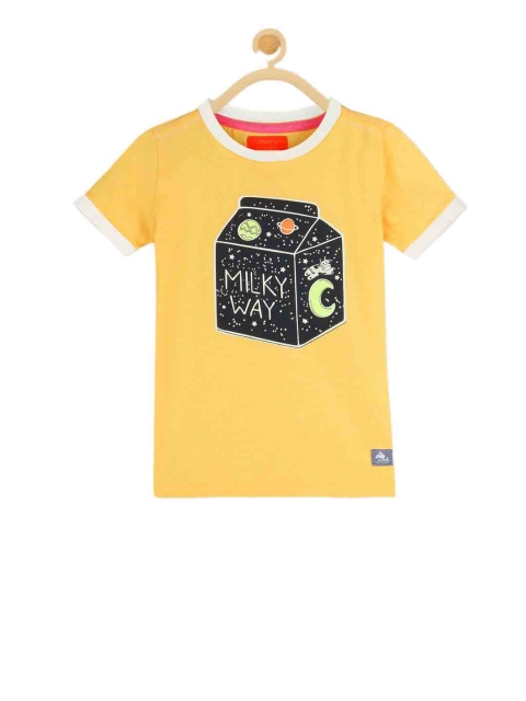 

Cherry Crumble Kids Mustard Yellow Printed Round Neck T-shirt