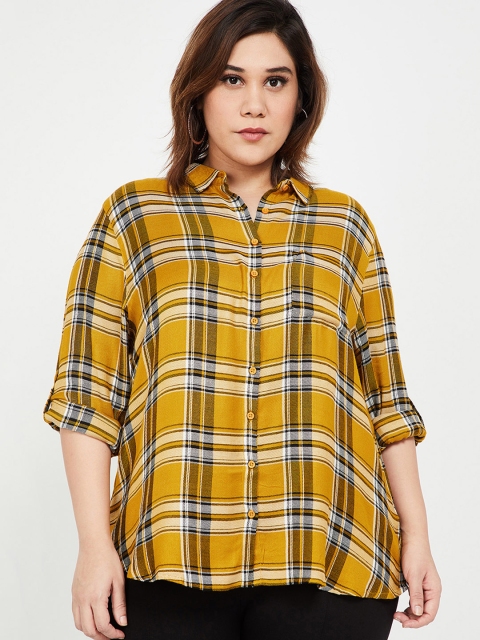 

nexus Plus Size Women Mustard Yellow Regular Fit Checked Casual Shirt