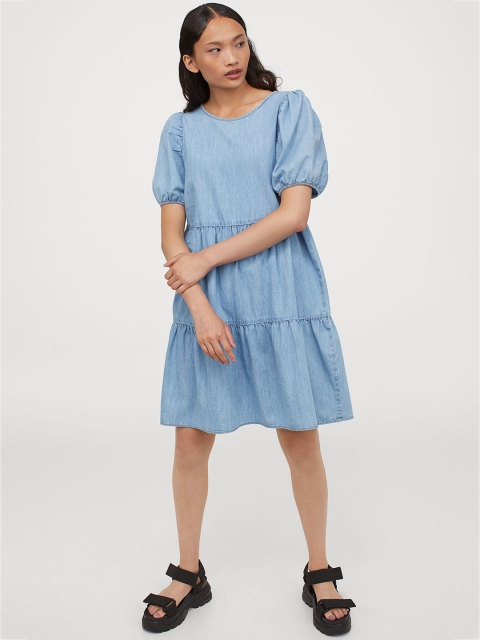 

H&M Women Blue Solid Puff-Sleeved Dress