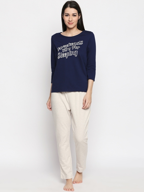 

Dreamz by Pantaloons Women Navy Blue & Off-White Printed Night suit
