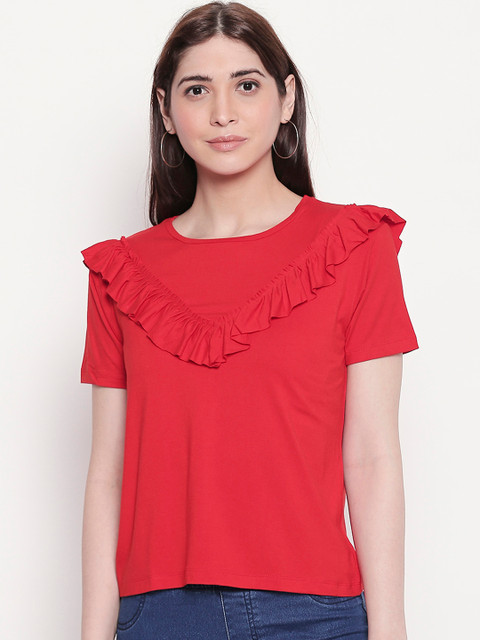 

Manola Women Red Solid Boxy Ruffled Top