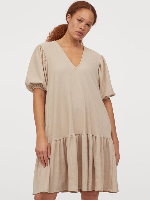

H&M Women Beige Solid Puff-Sleeved Dress