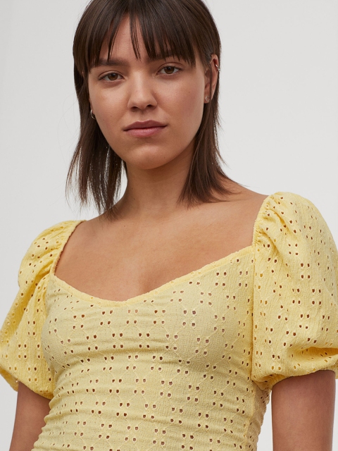 

H&M Women Yellow Puff-Sleeved Jersey Top