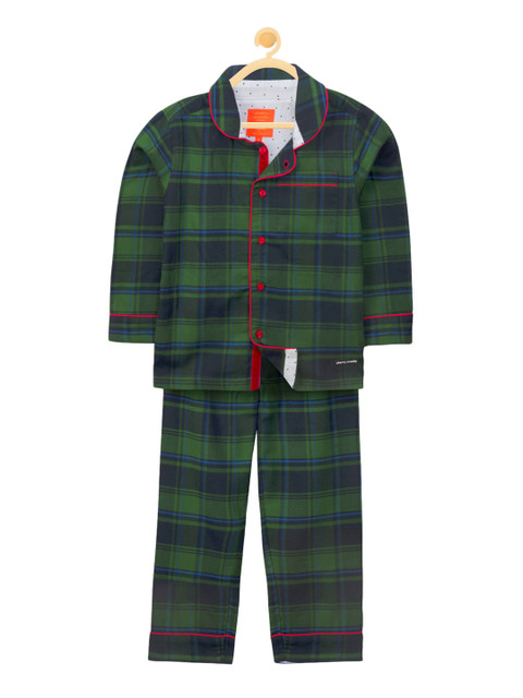 

Cherry Crumble Unisex Kids Green & Navy Blue Checked Night suit