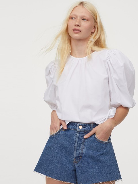 

H&M Women White Solid Puff-Sleeved Cotton Blouse