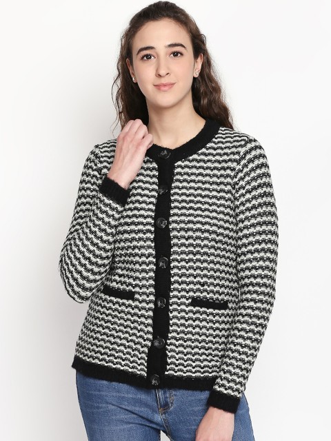

RANGMANCH BY PANTALOONS Women Black & White Striped Cardigan Sweater