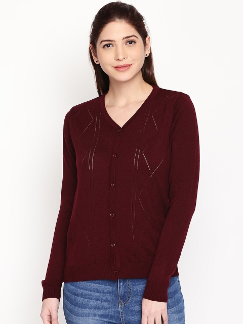 

RANGMANCH BY PANTALOONS Women Maroon Self Design Cardigan Sweater