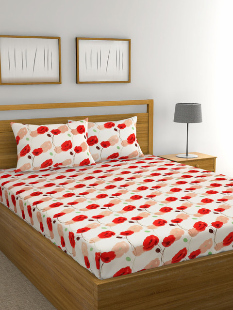 

Raymond Home White & Red Floral 104 TC Cotton 1 Queen Bedsheet with 2 Pillow Covers