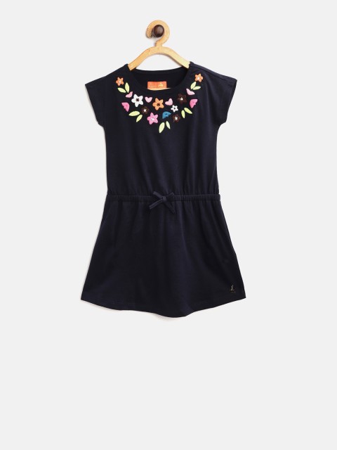 Cherry Crumble Girls Navy Blue Embroidered Fit and Flare Dress