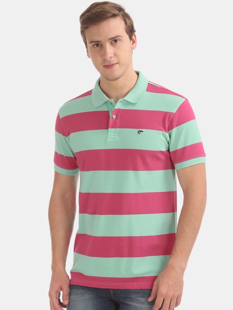 Ruggers Men Sea Green & Pink Striped Polo Collar T-shirt